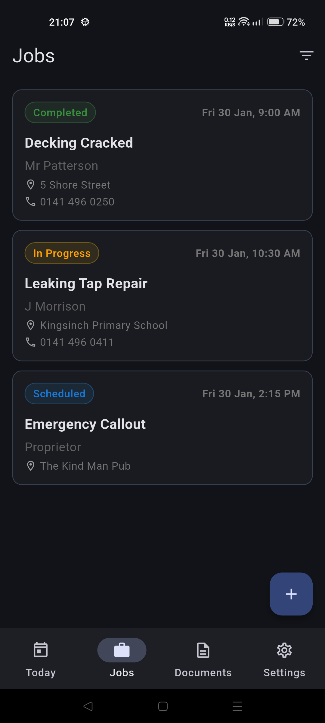 Callouts mobile app showing jobs list